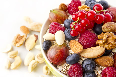 assorted berries, muesli, nuts, berries, breakfast, HD wallpaper HD wallpaper