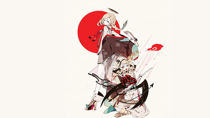 bandeira japonesa, vampiros, anime, quimono, tranças, olhos vermelhos, nimbus, HD papel de parede