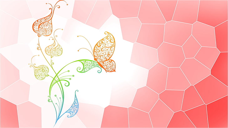red, yellow, green, and blue flower and butterfly illustration, flower, butterfly, dots, abstract, vector, HD wallpaper
