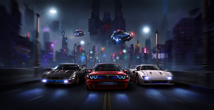 car, flying car, cyberpunk, racer, motion blur, night, police, city, street, Headlights, HD wallpaper