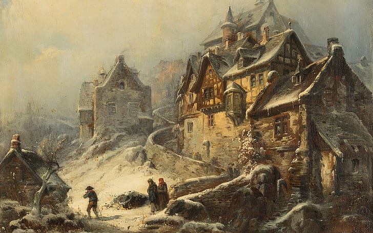 Pintor alemán, Peter Joseph Minjon, Peter Joseph Minion, escena urbana en invierno, escena de la ciudad en invierno, óleo sobre lienzo revestido, Fondo de pantalla HD