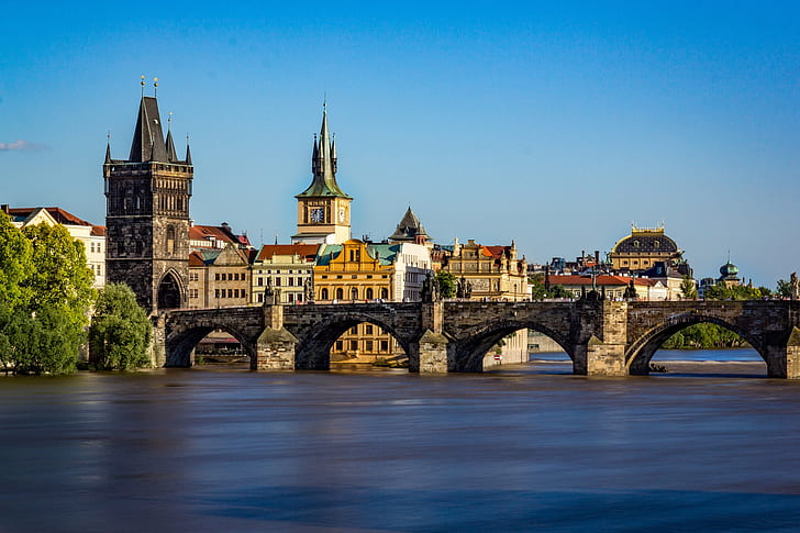 rzeka, Praga, Czechy, Wełtawa, Most Karola, Tapety HD