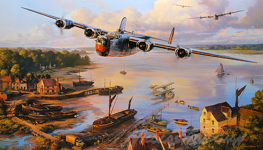 иллюстрация самолета, самолет, война, искусство, самолет, авиация, ww2, воздушный бой, освободитель b24, HD обои HD wallpaper