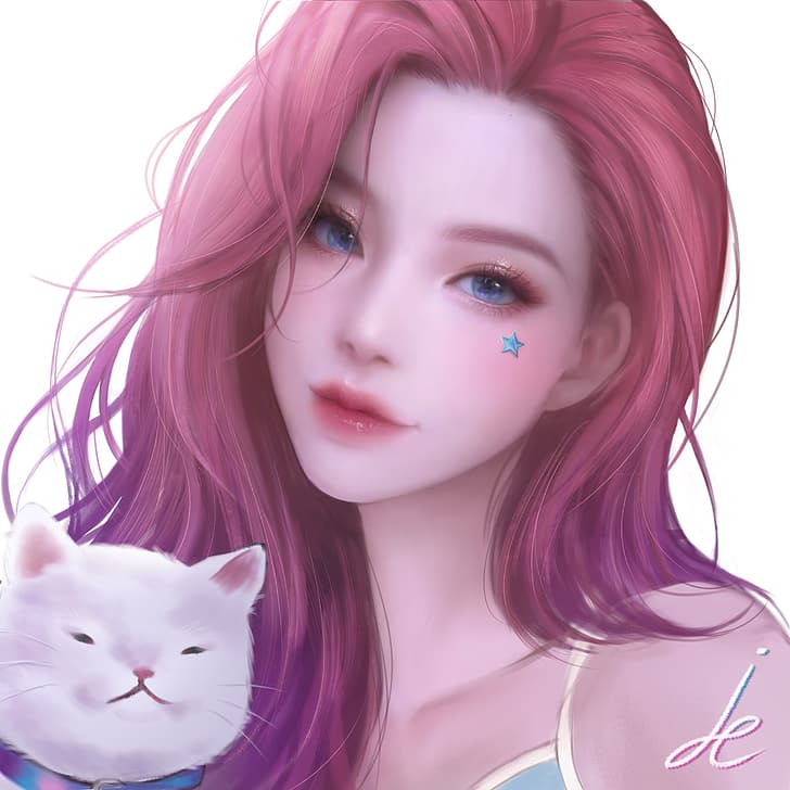 Seraphine, League of Legends, simple background, white background, redhead, blue eyes, cats, HD wallpaper