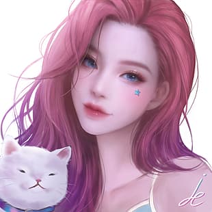  Seraphine, League of Legends, simple background, white background, redhead, blue eyes, cats, HD wallpaper HD wallpaper