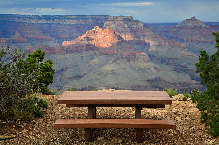 brown wooden table on top of grand canyon during day time, grand canyon national park, grand canyon national park, Grand Canyon National Park, Park: View, Shoshone, Point, wooden table, on top, day, time, scenic, south rim, picnic, overlook, viewpoint, national parks, nature, uSA, scenics, landscape, arizona, canyon, national Park, outdoors, grand Canyon, rock - Object, desert, southwest USA, mountain, famous Place, national Landmark, cliff, HD wallpaper