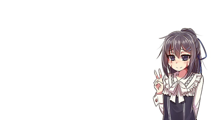 Teaching feeling, maid outfit, scars, peace sign, brunette, video games, blushing, visual novel, simple background, HD wallpaper