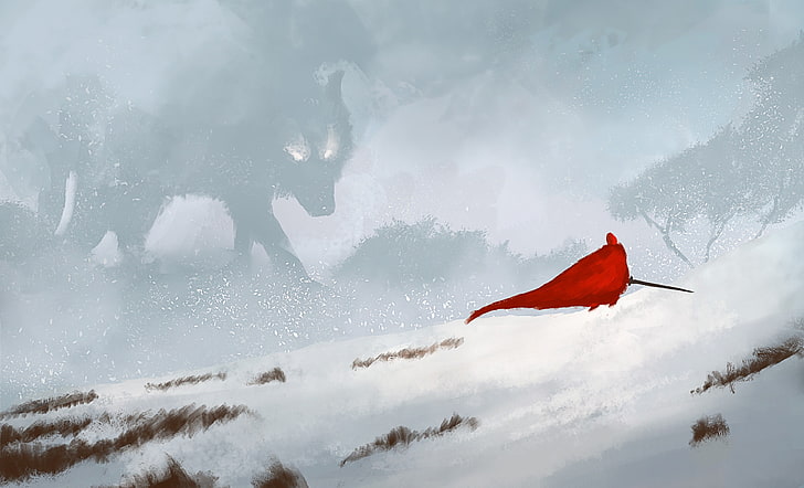 Red Riding Hood, snow, wolf, sword, red, HD wallpaper