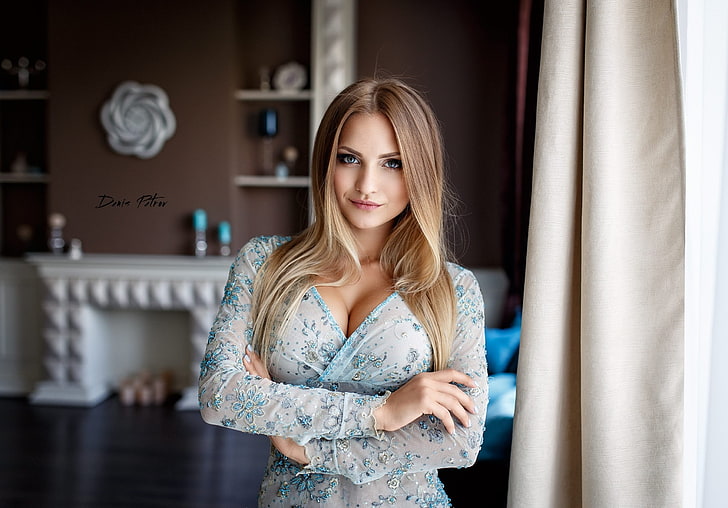 women's blue and white floral long-sleeved top, women, blonde, portrait, cleavage, Denis Petrov, smiling, blue eyes, Anna Kondratova, HD wallpaper