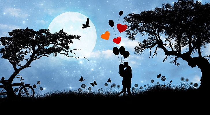 Valentine's Day Love Under The Moonlight, silhouette photo of man and woman holding balloons, Holidays, Valentine's Day, Moon, Blue, Landscape, Night, Love, Trees, Scene, Silhouette, Couple, Romance, Valentine, Evening, Moonlight, valentinesday, HD wallpaper