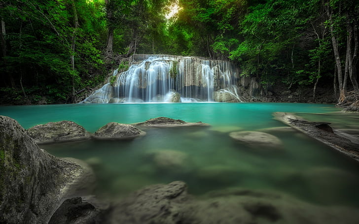 Nature, Landscape, Waterfall, Forest, Thailand, Pond, Green, Turquoise, Tropical, nature, landscape, waterfall, forest, thailand, pond, green, turquoise, tropical, HD wallpaper