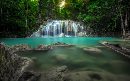 Wasserfälle, Natur, Landschaft, Wasserfall, Wald, Thailand, Bäume, Teich, Grün, Türkis, tropisch, HD-Hintergrundbild HD wallpaper
