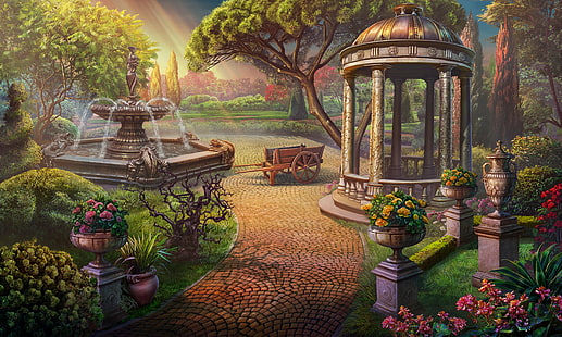 malarstwo ogrodowe, światło, kwiaty, ogród, fontanna, altana, Tapety HD HD wallpaper