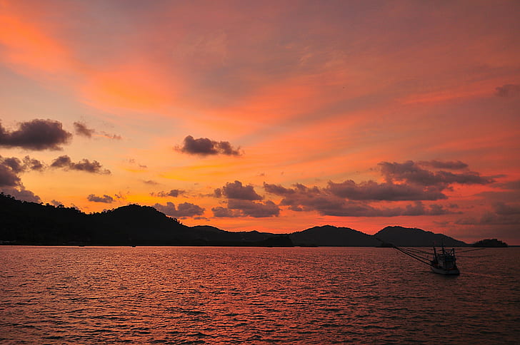 silhouette color of mountain with boat sailing under cloudy sky, please, beautiful sunset, silhouette, color, mountain, sailing, cloudy, sky, thailand, koh  lanta, island, paradise, sunset, boat  fishing, orange, old  town, heaven, clean, fun, water, ocean, nature, thai, SE Asia, east  asia, orient, backpacking, nikon  d90, sea, summer, landscape, outdoors, dusk, HD wallpaper