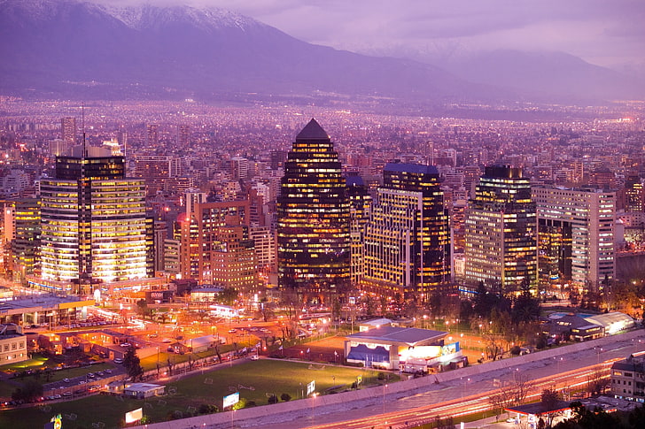 fotografia aérea de edifícios da cidade à noite, paisagem urbana, Santiago do Chile, HD papel de parede
