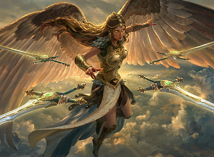 grafika, sztuka fantasy, kobiety, dziewczyna fantasy, anioł, skrzydła, miecz, długie włosy, świecące oczy, Tapety HD HD wallpaper