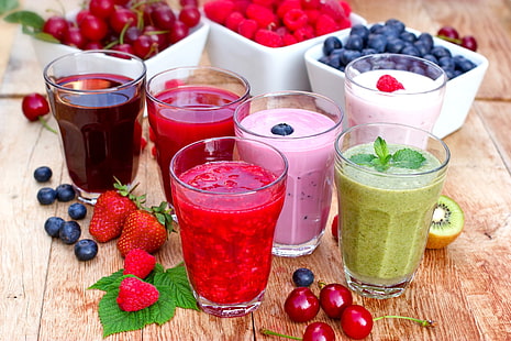 Food, Juice, Berry, Blueberry, Cherry, Glass, Kiwi, Raspberry, Smoothie, Strawberry, HD wallpaper HD wallpaper