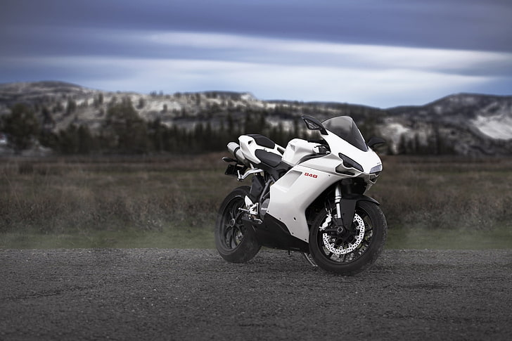 бял спортен велосипед, бял, небето, облаци, планини, мотоциклет, мотор, Ducati, 848, HD тапет