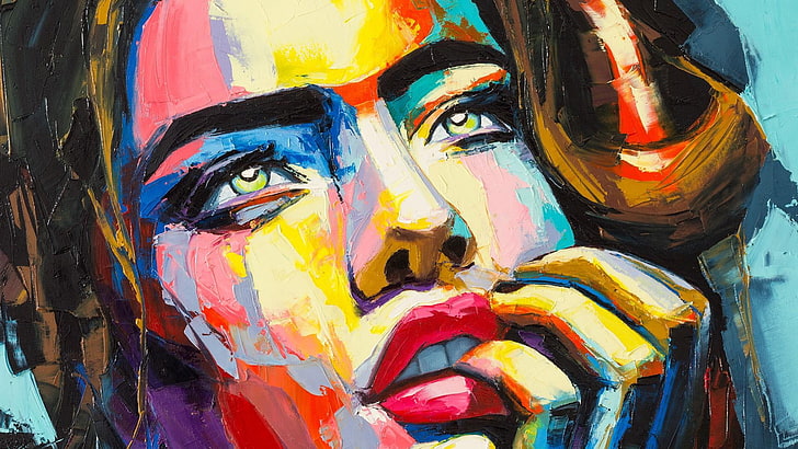 painting, woman, colorful, pretty, thinking, dreaming, face, portrait, HD wallpaper