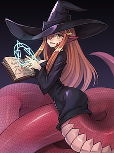 Хэллоуин, шляпа ведьмы, платье, Miia (Monmusu), Monster Musume no Iru Nichijou, заостренные уши, хвост, ведьма, девушка-монстр, HD обои HD wallpaper