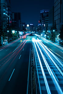 灰色の都市の建物、夜の街、道路、光、街の明かり、東京、日本、 HDデスクトップの壁紙 HD wallpaper