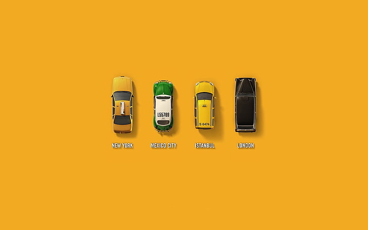 four assorted-color car toys, BACKGROUND, YELLOW, MACHINE, TAXI, DIFFERENT, COUNTRIES, HD wallpaper