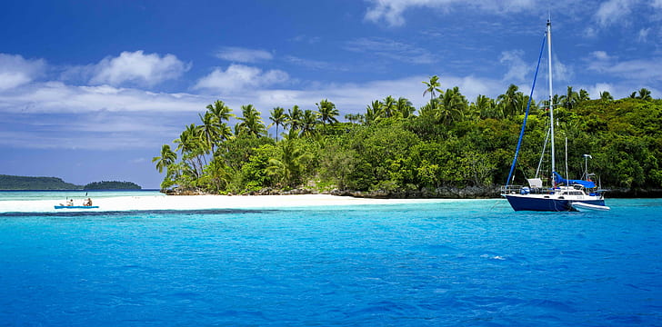 naturaleza, tropical, barco, palmeras, isla, arena, Fondo de pantalla HD