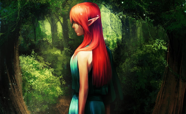 оранжевые волосы женского персонажа иллюстрации, эльф, девушка, лес, зеленый, HD обои