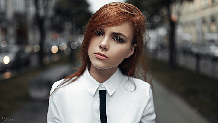 women's white polo shirty, close-up photo of white collared shirt with black necktie, women, redhead, women outdoors, shirt, white clothing, face, depth of field, Georgy Chernyadyev, Lisa, HD wallpaper