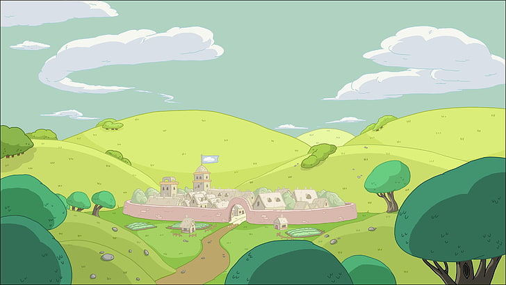 roulette grise entourée d'arbres illustration, Adventure Time, dessin animé, Fond d'écran HD
