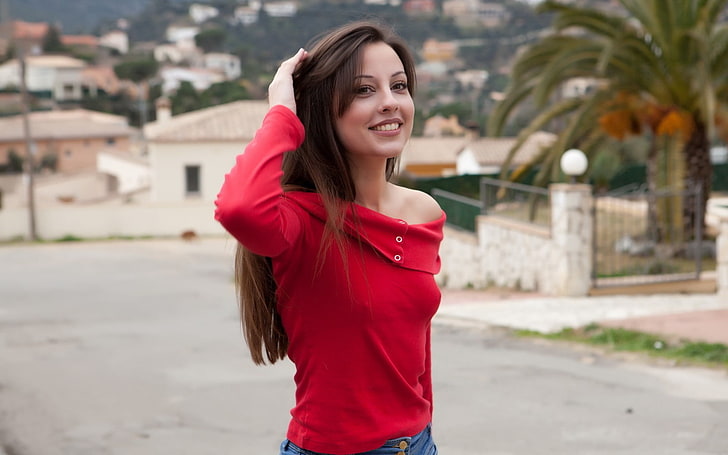 women's red long-sleeved blouse, selective focus photo of woman wearing red off-shoulder long-sleeved shirt, women, brunette, Lorena Garcia, hard nipples, nipples, smiling, HD wallpaper