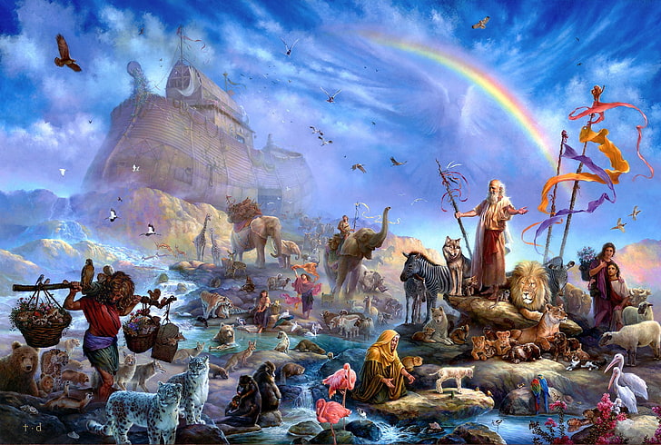 Noah's Ark painting, animals, people, rainbow, art, salvation, the ark, Tom duBois, Noah's ark, Noah, HD wallpaper