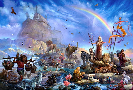 Arca de Noé, pintura, animais, pessoas, arco-íris, arte, salvação, a arca, Tom duBois, arca de Noé, Noé, HD papel de parede HD wallpaper