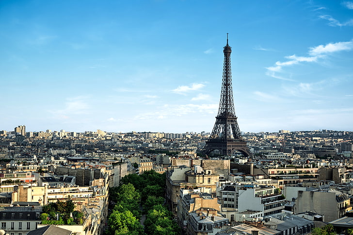 Wieża Eiffla, Paryż, drzewa, miasto, Francja, Paryż, budynek, dom, poranek, panorama, wieża Eiffla, architektura, La tour Eiffel, Tapety HD