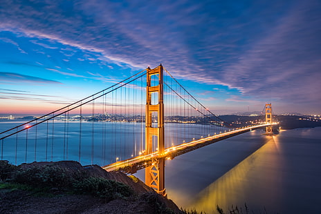 Golden Gate Bridge, San Francisco, puente, amanecer, estrecho, golden gate, san francisco, Fondo de pantalla HD HD wallpaper
