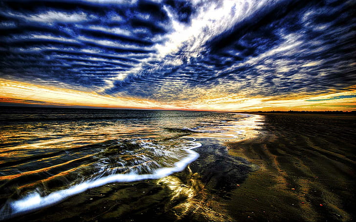 Night Of Glory, reflection, beach, ocean, blue, golden, clouds, 3d and abstract, HD wallpaper