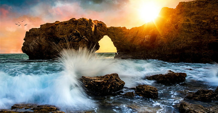 La Jolla, California, beach, splash of sea waves, water, beach, California, sunset, hd, La Jolla, San Diego, HD wallpaper