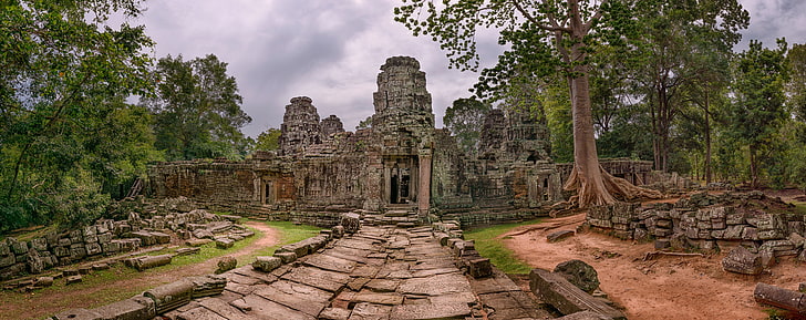 Świątynia Kambodży, szara świątynia, Azja, Kambodża, Podróże, Drzewa, Ruiny, Pochmurno, Świątynia, starożytne, panorama, żniwa, siem, Tapety HD