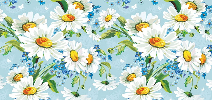 Artistik, Lukisan, Bunga Biru, Daisy, Bunga, Bunga Putih, Wallpaper HD