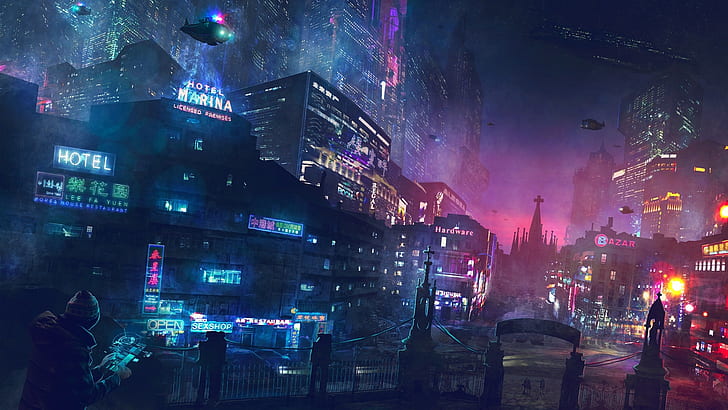ciencia ficción, ciudad futurista, luces de neón, rascacielos, edificios, fantasía, Fondo de pantalla HD