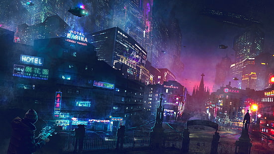 sci-fi, futuristisk stad, neonljus, skyskrapor, byggnader, fantasi, HD tapet HD wallpaper