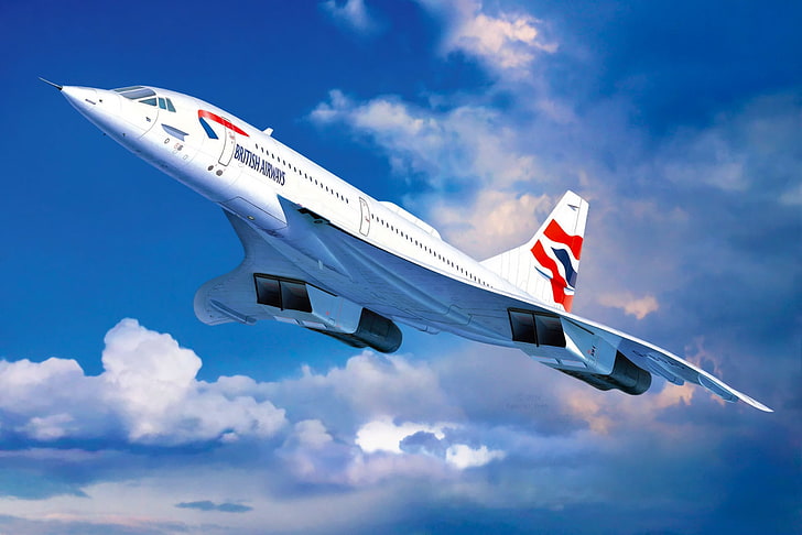 illustrazione di aeroplano bianco e rosso, arte, aeroplano, pittura, aviazione, jet, Concorde British Airways, Sfondo HD