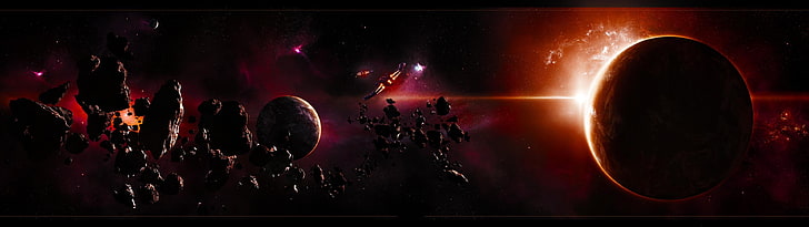 ilustracja czarno-czerwonej galaktyki, przestrzeń kosmiczna, statek kosmiczny, sztuka kosmiczna, sztuka cyfrowa, science fiction, Tapety HD
