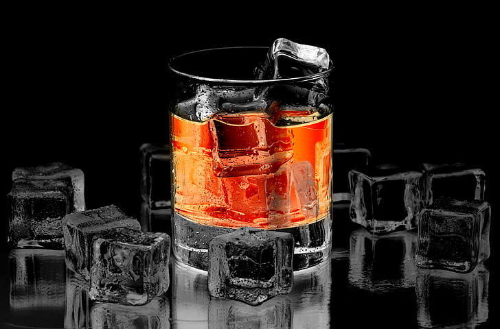 whiskey, whisky, glass, ice cubes, red, dark background, HD wallpaper
