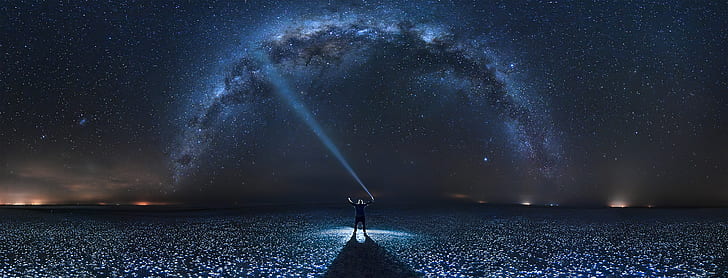 светлини, пейзаж, фотография, Млечен път, продължителна експозиция, нощ, самота, космос, звезди, HD тапет