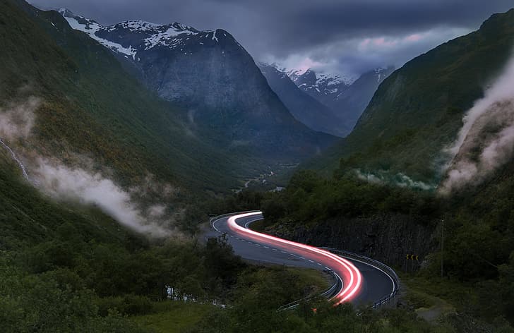 road, light, mountains, excerpt, HD wallpaper