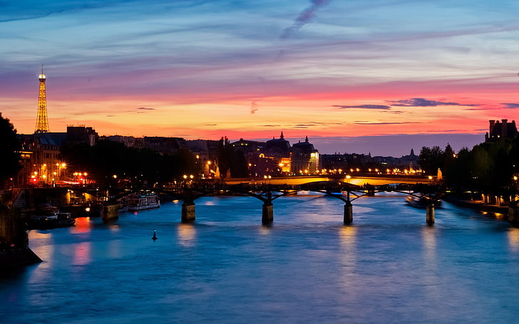 tramonto sopra l'orizzonte, città, francia, parigi, tramonto, fiume, sera, Sfondo HD
