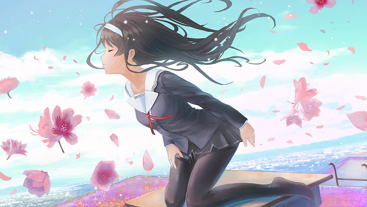 personnage féminin animé, uniforme scolaire, fleurs, héroïne Saenai no Sodatekata, Kasumigaoka Utaha, Fond d'écran HD