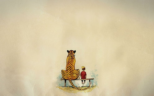Calvin et Hobbes, tigre et garçon assis sur une illustration de banc, bandes dessinées, 1920x1200, calvin et hobbes, Fond d'écran HD HD wallpaper