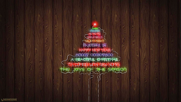 texto Sinalização luminosa da árvore de Natal, Natal, Árvore de Natal, Enfeites de natal, luzes de natal, néon, texto de néon, tipografia, HD papel de parede